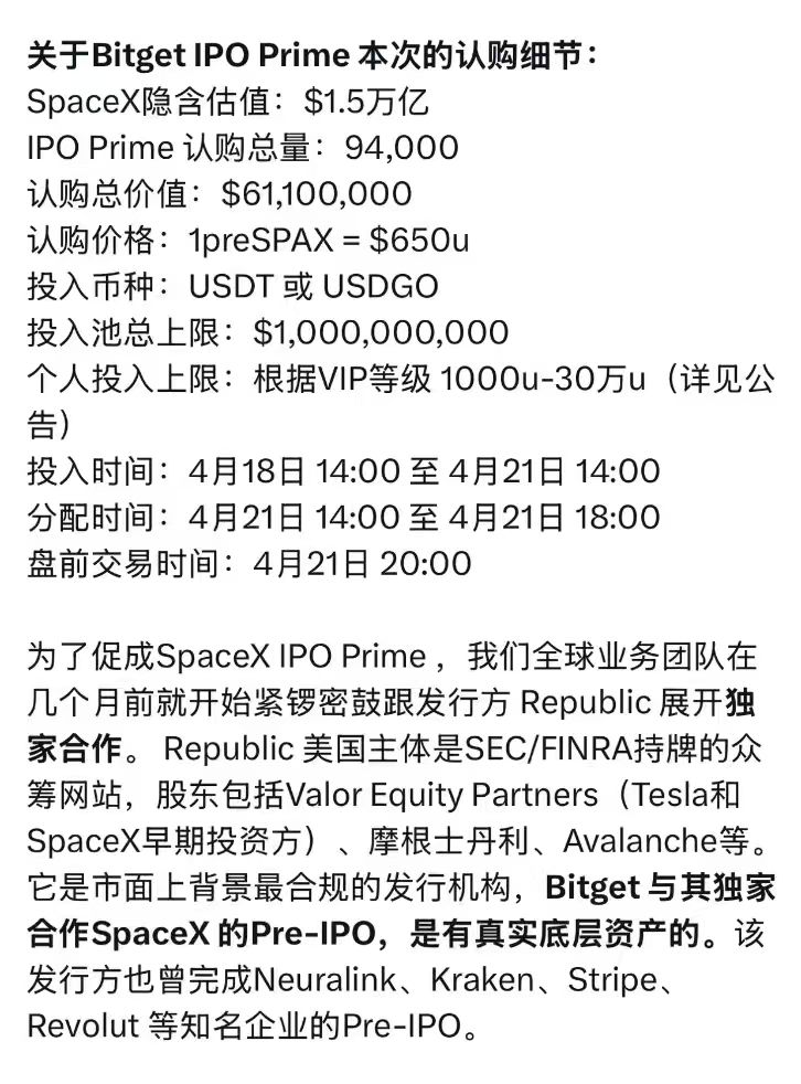Young852560's tweet image. 家人们！谁能想到有一天能在 #Bitget 上打新 #SpaceX 啊

1.5 万亿估值的星舰，现在普通人也能上车 Pre-IPO 了！

4 月 18 号 14 点正式开抢，650U 一份，额度就 9.4 万份

发行方是 SEC 持牌的 Republic，特斯拉早期投资方都在股东里，完全合规有真实资产

从 Neuralink 到 Kraken，这家机构的