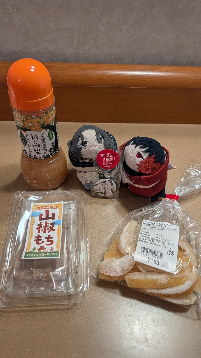 佐川町で得た品々
ずっと食べてみたかった山椒もち、美味しそうだった文旦ピール、ぢちちキーホルダー、南海太郎朝尊の工房跡近くの土本観光果樹園さんのドレッシング