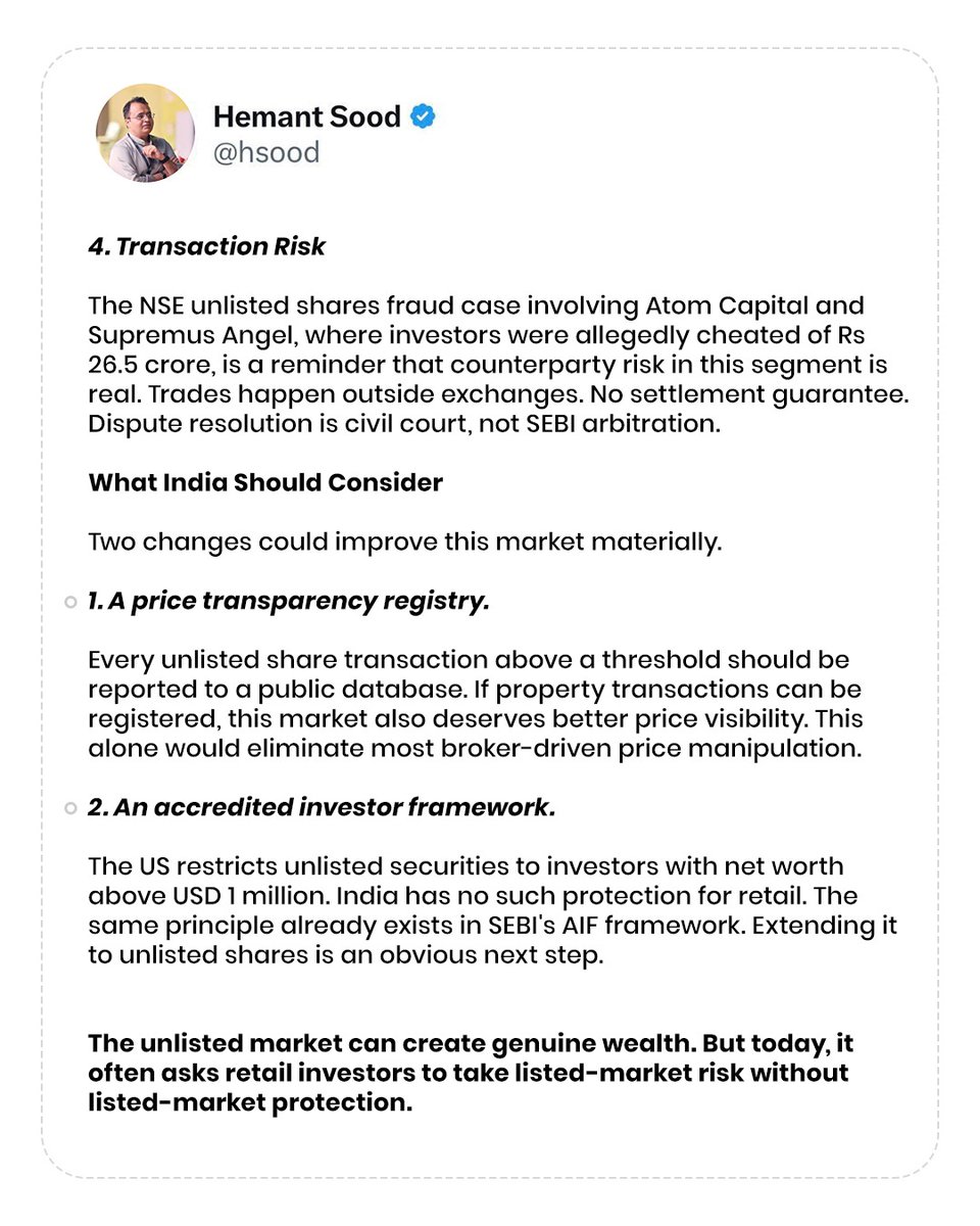 hsood's tweet photo. The unlisted market has created real wealth for some investors.

But for many others, it has delivered a very different lesson.

Reliance Retail. HDB Financial. Tata Capital.

Three marquee names. Three cases where unlisted prices and eventual exit prices told completely different stories.

Swipe to understand the risks before you enter this market.

@FindocGroup @SEBI_India