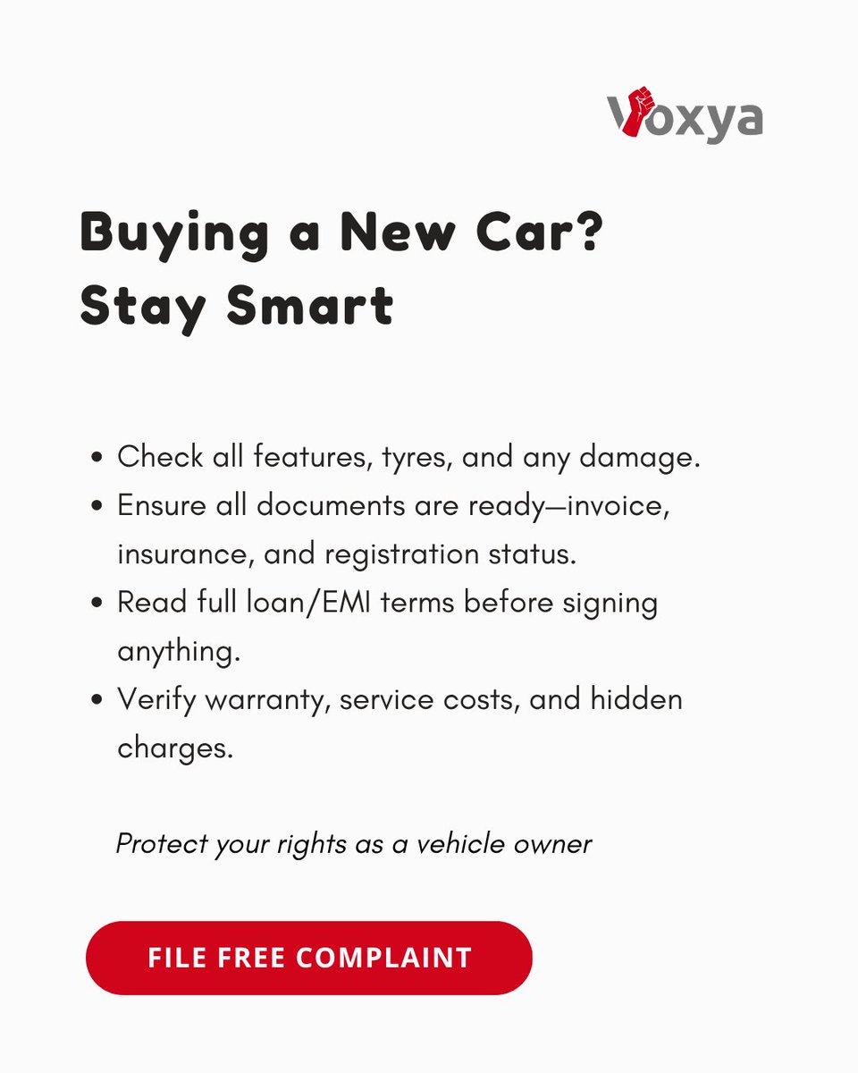 voxya_'s tweet image. Bought a new car but facing defects or delays? 
Don’t ignore it—raise your voice!

👉 File complaint: voxya.com/file-consumer-…

#ConsumerRights #CarBuyers #LegalHelp