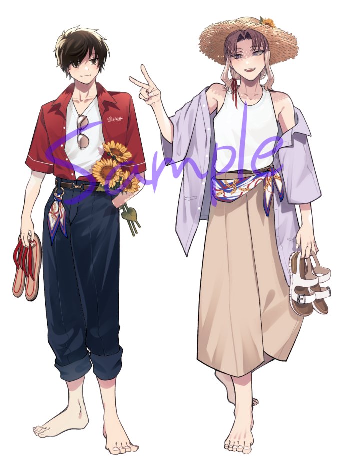 #にじそうさく𝟣𝟣 
アクスタサンプルです！
九埜と鬼伏で夏のおでかけアクスタ！