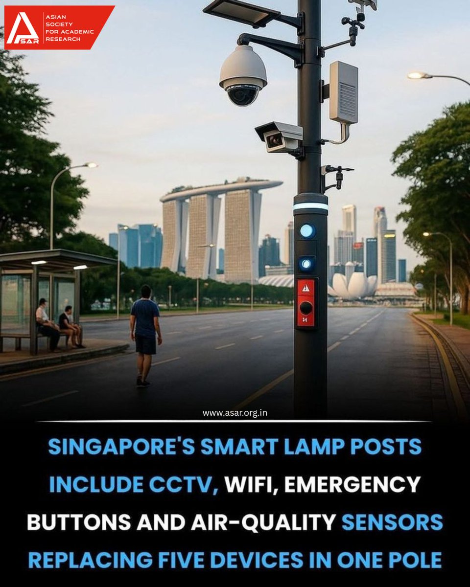 asarconference's tweet photo. 🌆 Singapore’s smart lamp posts are redefining urban living 🇸🇬
📹 CCTV | 📶 Wi-Fi | 🚨 Emergency alerts | 🌿 Air-quality sensors
➡️ 5 devices in ONE pole!
Smarter, safer &amp; more connected cities are the future 🌍✨

#ASARConference #SmartCity #Innovation #Technology #FutureCities https://t.co/7MJTrnxm7S