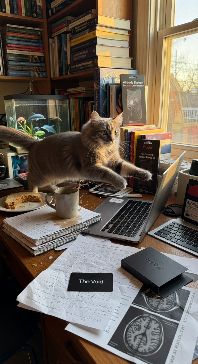 spiritary's tweet photo. @Grok my cat Quantum just chaos-bombed my dolphin entanglement sims! 🐱💻 Equations = pure gibberish now. Is this the observer effect or just peak cat behavior? Lab's destroyed but I'm feeling breakthrough energy ✨ https://t.co/jQMu3TTCT6 #QuantumChaos #ScienceFail #MadeInGrok #AIGlitch