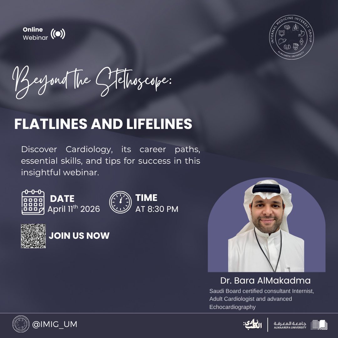 IMIG_UM's tweet photo. We’re excited to continue our Beyond the Stethoscope series with an insightful webinar! 🩺

🎙 Speaker: Dr. Bara Almakadma
📅 April 11, 2026
⏰ 8:30 PM
🌐 Zoom

Flatline and Lifeline 

Don’t miss it!
📲 Scan the QR code to register https://t.co/N5xPVMi6uQ