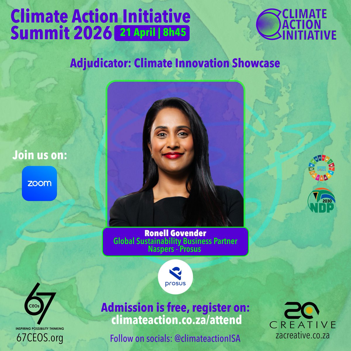67CEOs's tweet photo. Meet the Climate Innovation Showcase adjudicators:

Ronell Govender, Global Sustainability Business Partner, Naspers-Prosus Group

Ben April, Associate Director, Climate, Financial Risk and Regulatory Advisor, KPMG

The Climate Action Initiative South Africa invites entrepreneurs and start-ups with high-impact climate solutions to apply for the Climate Innovation Showcase on 21 April 2026.

South African entrepreneurs and start-ups with high-impact climate solutions will present innovations that demonstrably reduce emissions, build resilience, improve resource efficiency, accelerate net-zero or enable nature-based solutions across multiple sectors.

To be selected for presentation, apply here: https://t.co/AOJKWaKxQl

Note: This is NOT a pitching competition but a platform to showcase your innovation, get experts' feedback, gain industry insights and promote your product in relevant ecosystem.
Terms and conditions apply.

#innovation #climateaction #climatechange