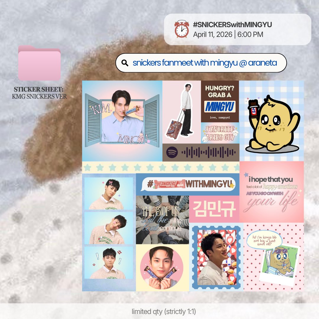 samgyyel's tweet photo. snickers with mingyu event in mnl 🍫
fan support | freebies by @samgyyel ☻

𓄲 sticker sheet: kmg snickers ver 𖦹ׂ.ᐟ
✉︎ like &amp; rt (to spread) 
✉︎ limited qty (1:1) 
✉︎ time &amp; loc: tba

#SNICKERSwithMINGYU •ﻌ• https://t.co/zGZ7Cxy38z