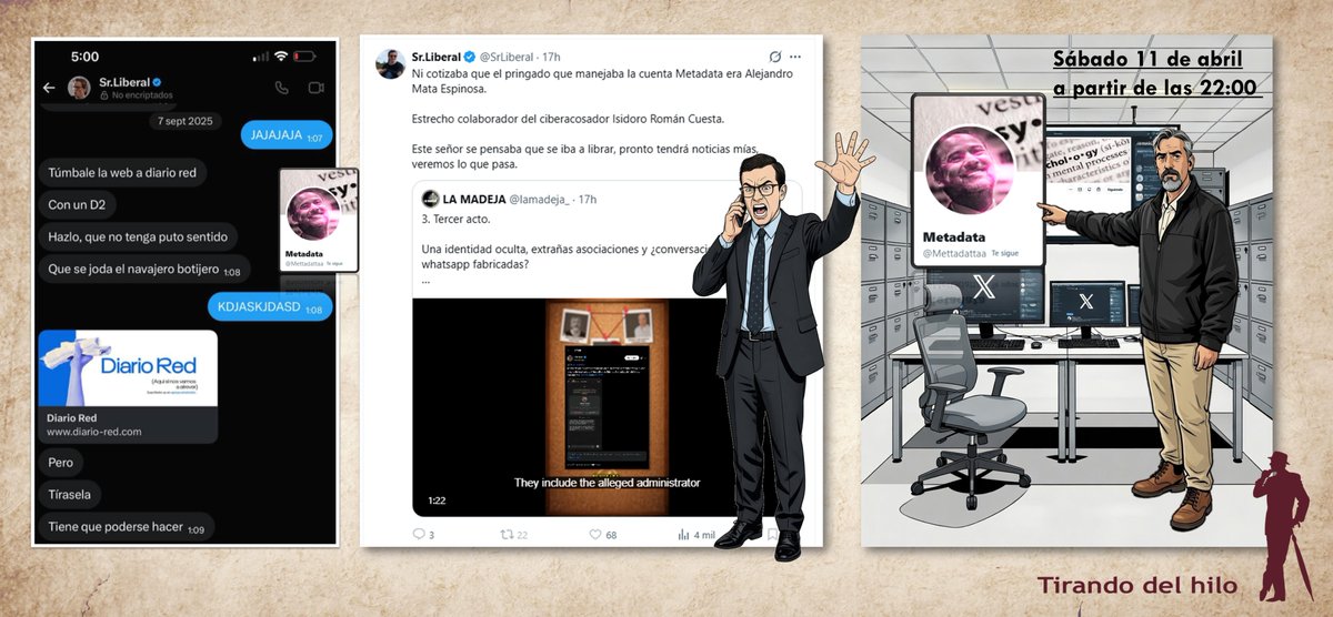 RomanCues_i0sm's tweet photo. 😉 Al @SrLiberal le tiemblan las piernas y sigue acosando y amenazando a los testigos. 
➡️ ¿Por qué tendrá tanto miedo a la entrevista que haré al hacker al que le pedía tirar la página de Diario Red?
➡️ El sábado 11 de abril a las 22:00 horas saldremos de dudas. ABOGÁNSTERS la serie. No te la pierdas.