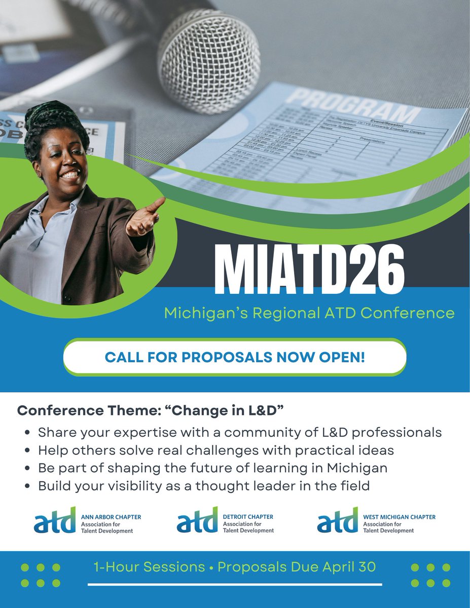 ATDDetroit's tweet photo. Call for Speakers 🎤

CFPs are OPEN for #MIATD26 (Oct 12)
Theme: Change
Share how you’re navigating &amp; leading change.

📅 Submit by April 30
🔗 https://t.co/EpoLqAfye3

#ATDDetroit #A2ATD #WestMIATD https://t.co/bQccfxXTqI