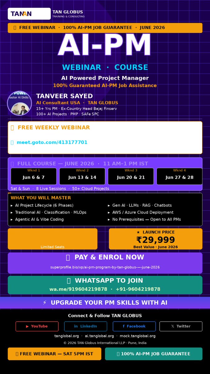 tanveermsayed's tweet photo. 🚀 FREE AI-PM Webinar (Sat 5 PM IST)
🔗 https://t.co/uq0NBXVRV4

📘 June AI-PM Course (Weekends)
💰 ₹24,999 | 8 Live Sessions
🔗 https://t.co/WSPKmVmbxf

✅ GenAI, RAG, Agents, 50+ Projects
🏆 Job Assistance

👉 Start FREE this Sat
🙋 Comment “JOIN” https://t.co/aF3ZNIlG2y