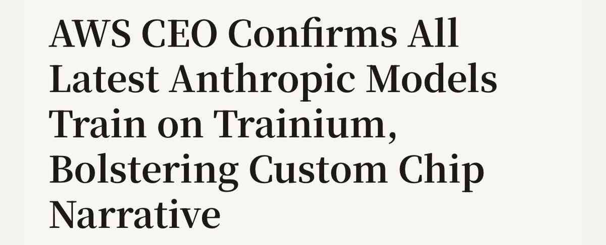 macrovoss's tweet photo. How many times does retail need to miss the obvious?

AWS CEO drops the bomb: Every single latest Anthropic model was trained on Trainium not $NVDA

Trainium 2 sold out.
Trainium 3 nearly gone.
Anthropic is scaling hard on Amazon’s own silicon.

Retail still treating $AMZN like a boring cloud stock.

This is exactly how you build a real alternative to Nvidia’s monopoly, one proven frontier model at a time.

Custom chip narrative just got a massive upgrade.