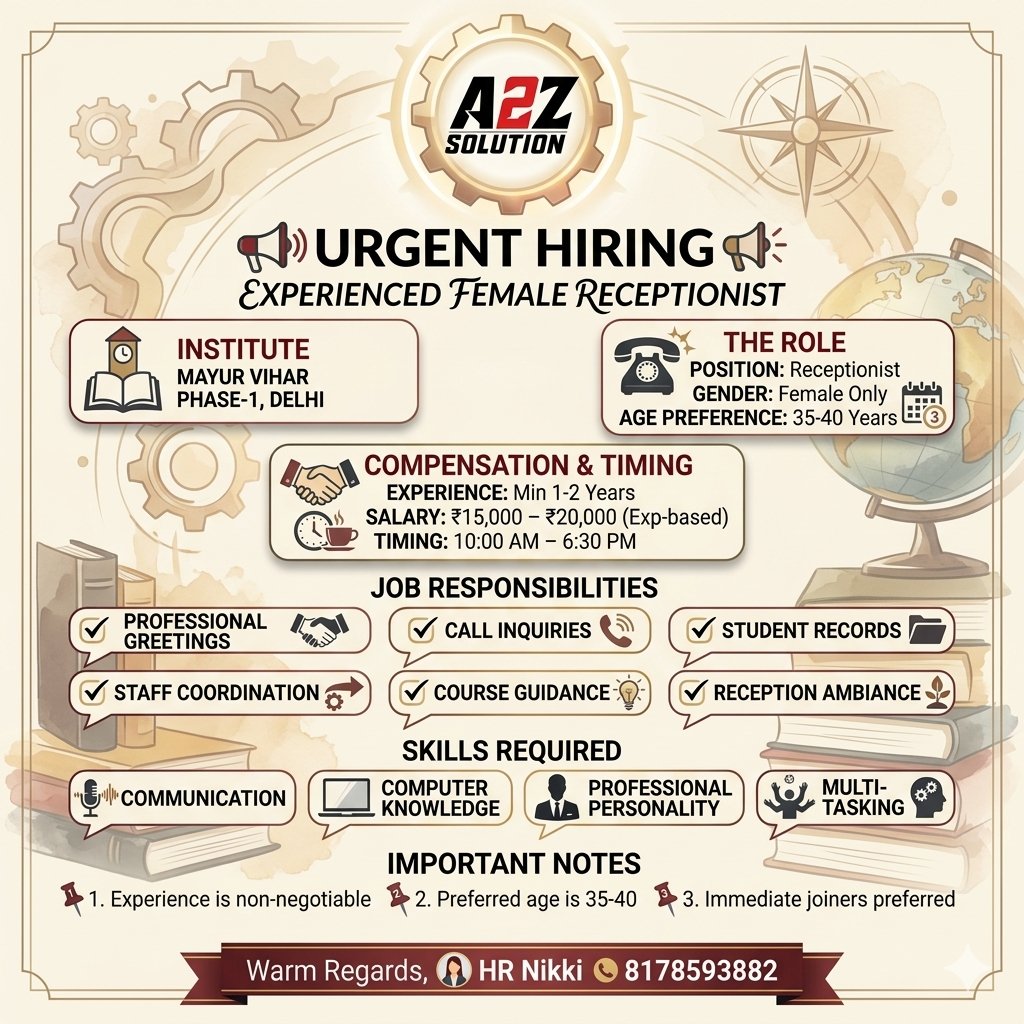 SunderBhati01's tweet image. 👩 Female Only
🎂 Age Preference: 35–40 Years
🎯 Experience: Minimum 1–2 Years Required
💰 Salary: ₹15,000 – ₹20,000 (Based on Experience)

📞 Apply Now: HR Nikki – 8178593882

✨ Limited openings — Apply Today!
#UrgentHiring #ReceptionistJobs #FemaleJobs #DelhiJobs
