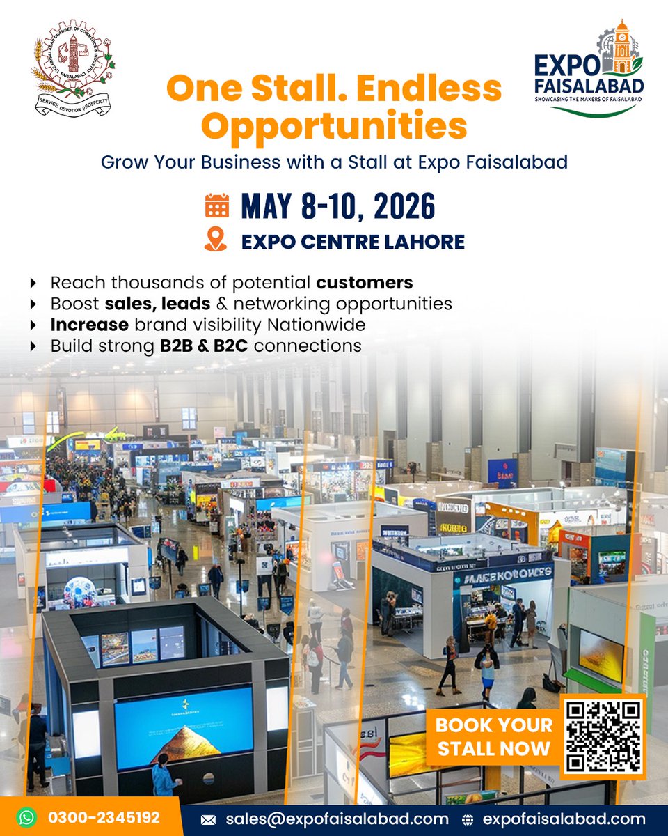 ExpoFaisalabad's tweet image. Calling all businesses, makers, and entrepreneurs! Expand your reach nationwide at Expo Faisalabad 2026! 🤝   

Secure your spot today! 
📞 0300-2345192
🌐 expofaisalabad.com
📧 sales@expofaisalabad.com

#expocentrelahore #businessgrowthstrategy #B2BNetwork #expofaisalabad