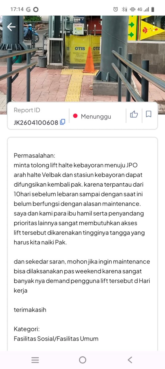 yan_nas's tweet photo. selamat malam bapak ibu @DKIJakarta dinas @BinaMargaDKI pak @pramonoanung sudah beberapa kali sudah ada laporan sering rusaknya lift dari kebayoran ke velbak, sangat mengganggu mobilitas ibu hamil yang membutuhkan sarana untuk pindah halte, mohon perhatiannya https://t.co/LPP90Eo1MF