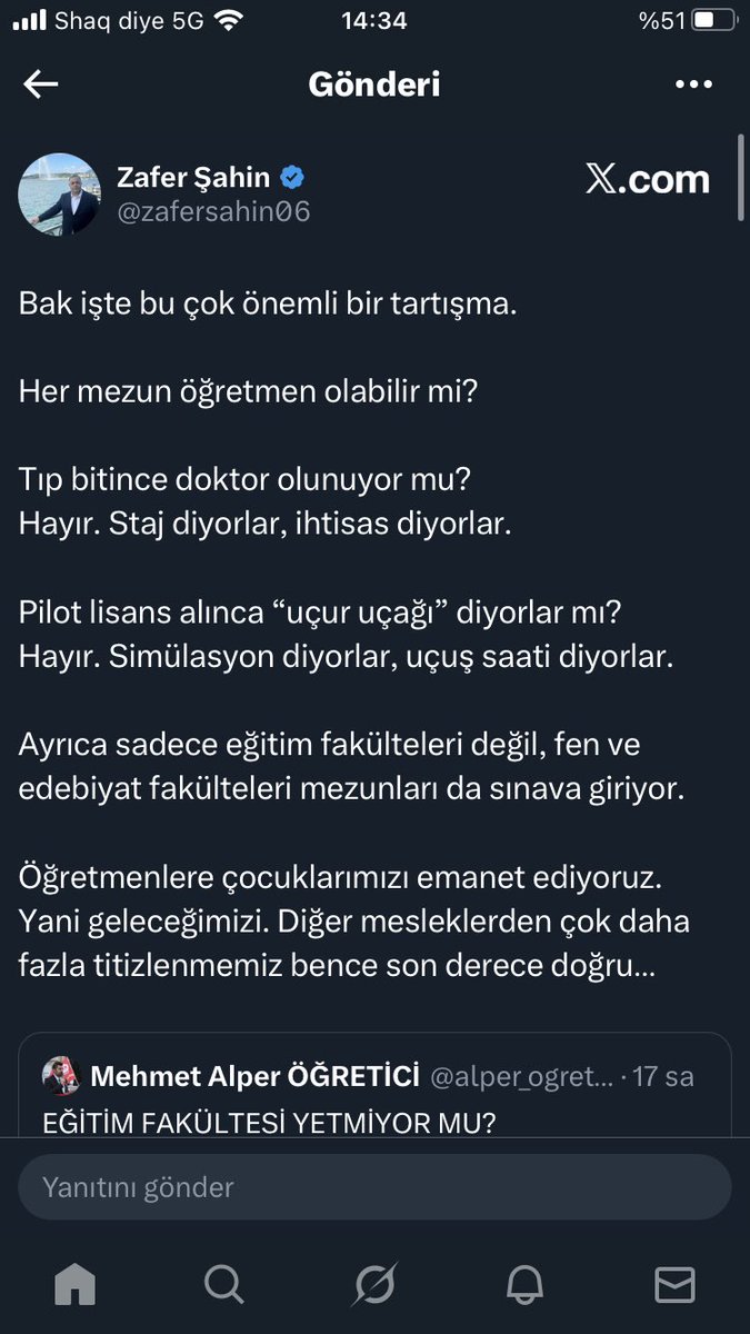 Öğretmenin nasıl yetiştiği konusunda hiç bir fikriniz olmadan öğretmenin ekmeğine kan doğrayan akademi rezaletini savunmaya kalkmayın. Akademiye alınan bu öğretmenlerin stajlarını yaptıklarından bile belli ki haberiniz yok. Bu işleri uzmanlarına bırakın. <a href="/zafersahin06/">Zafer Şahin</a>