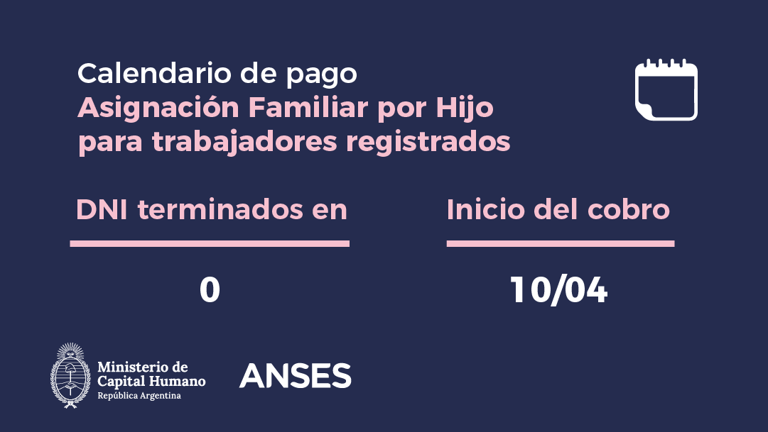 Hoy cobran Asignación Familiar por Hijo para trabajadores registrados: DNI terminados en 0.
#Calendariodepago #ANSES