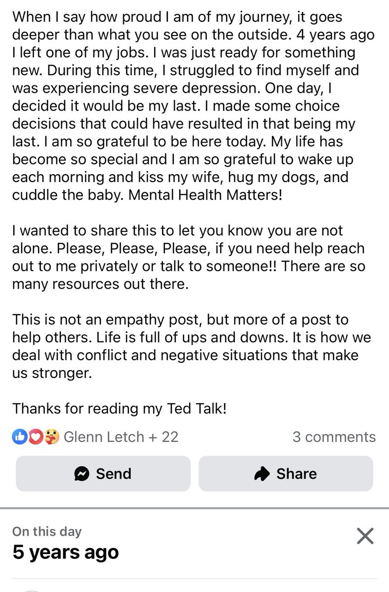 A Facebook status I posted a year ago. It has been a long journey to get here. I am finally in a place where I am grateful and able to share this with you all.

Remember you are not alone. If you are struggling, please reach out to someone. Thank you to all those who have