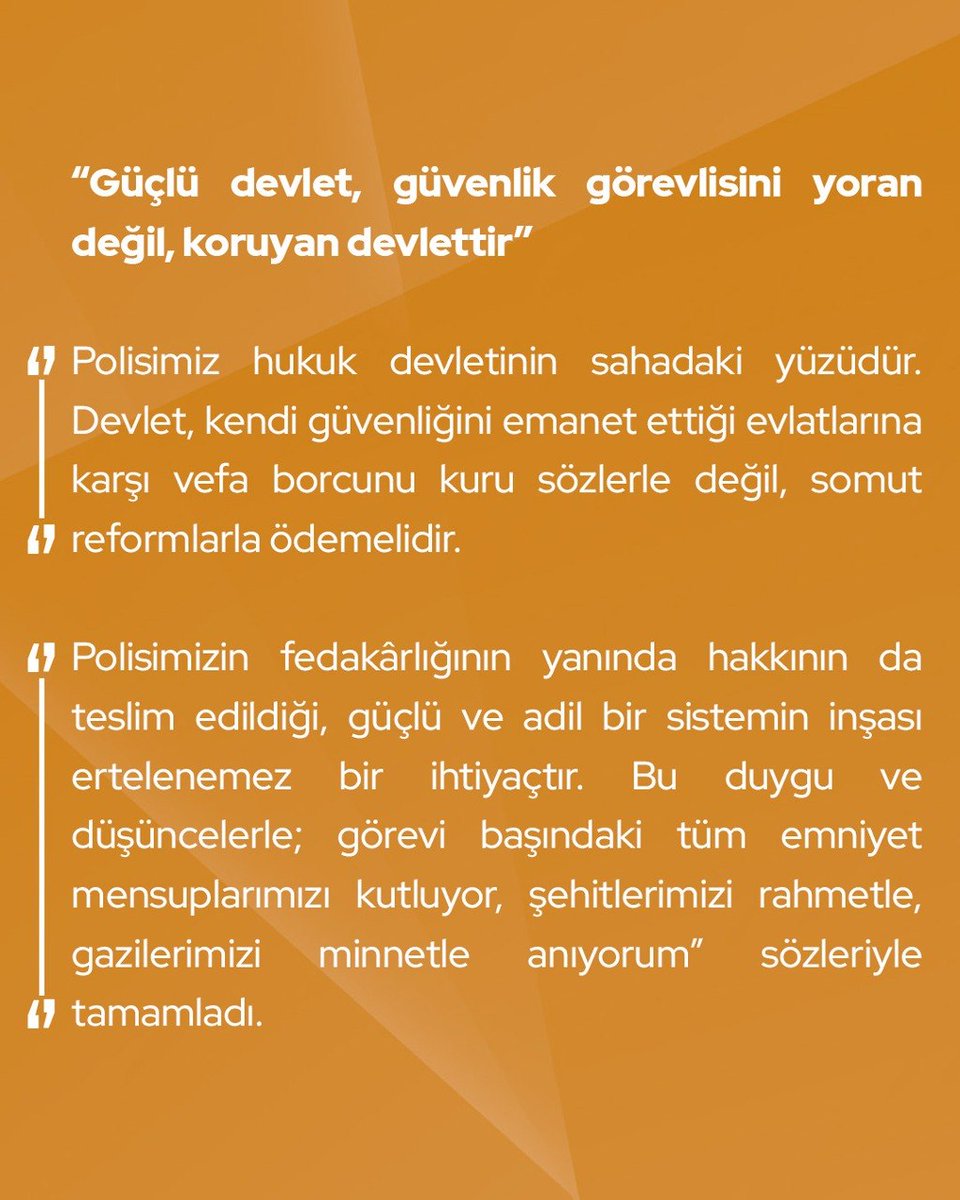 İdris Şahin: “Milletimizin huzuru için gece gündüz demeden çalışan polislerimizi sevmek, sadece 10 Nisan’da kutlama mesajı yayımlamak değildir.

Polisi gerçekten takdir etmek; onun alın terini korumak, çalışma koşullarını insan onuruna yakışır hâle getirmek ve yıllardır biriken