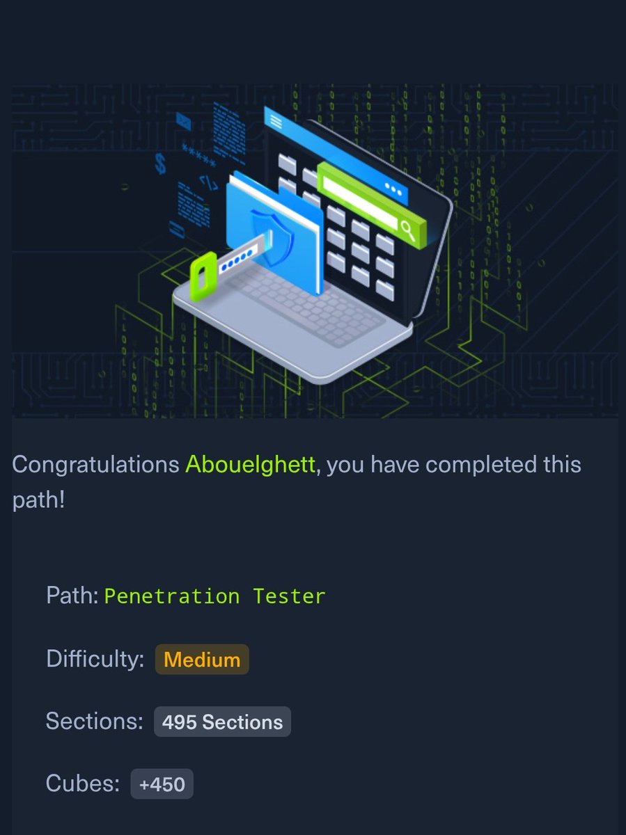 Abouelghett's tweet photo. 5 months later and I finally finished the Penetration Tester path on Hack The Box 😅

took way longer than I expected but I got there.

earned a badge that only 0.25% of users have so I'll take it. Onto the next thing. https://t.co/rbWHHIDufu