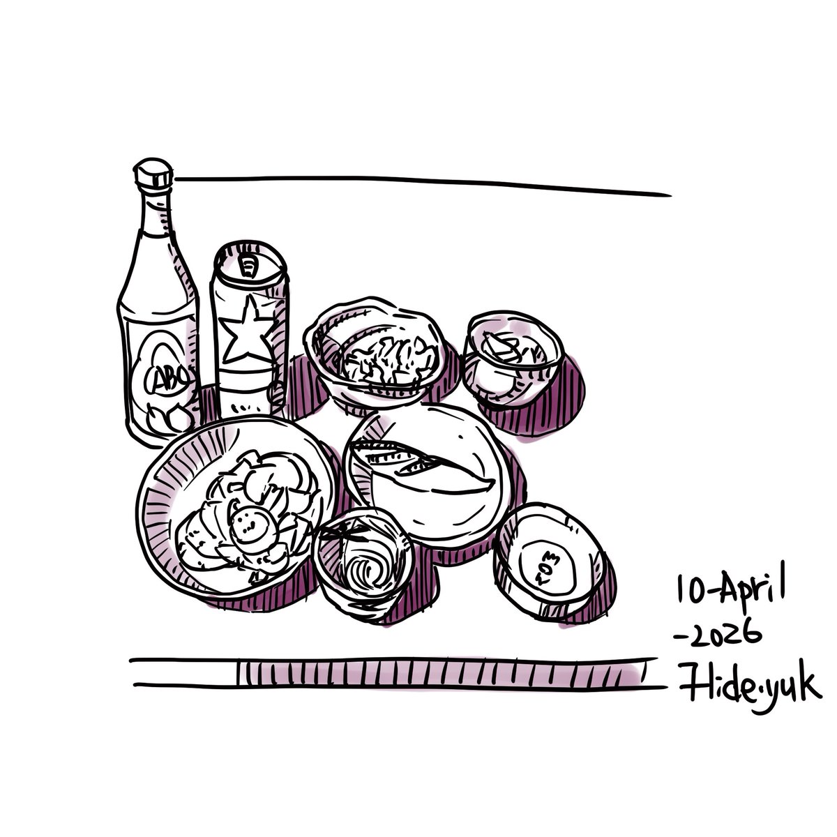 hidebosan's tweet image. latihan. makan malam pada hari ini. 今日の夕食。 #sketsapen #pensketch  #sketch #clipstudio #makanan