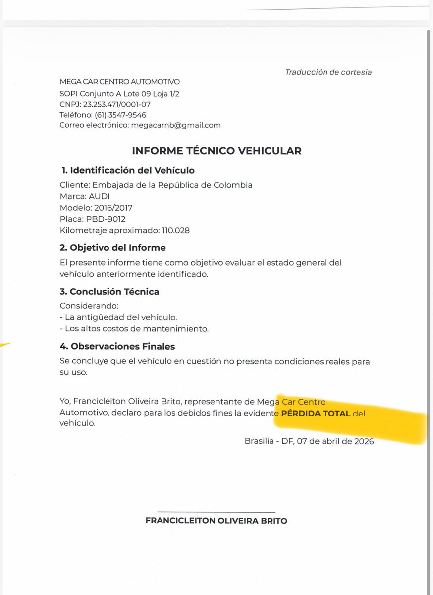 El Laudo técnico del vehículo en la embajada del Brasil dice PÉRDIDA TOTAL <a href="/alfredosaadev/">pastor Alfredo saade</a>