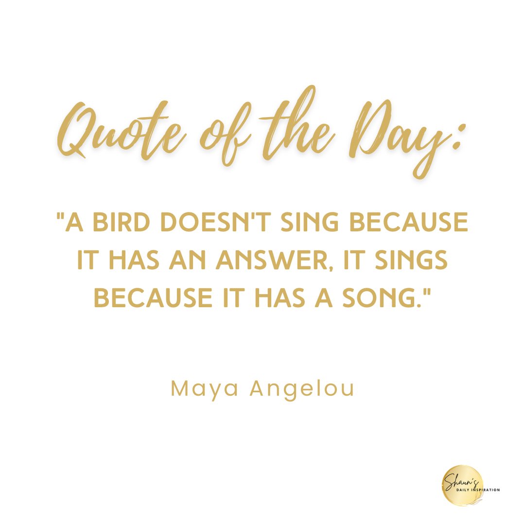 Quote of the Day:

"A bird doesn't sing because it has an answer, it sings because it has a song." –Maya Angelou

You have a song, so SING!♥️🎶

#FridayVibes
#FreedomToBe
#ShaunsDailyInspiration