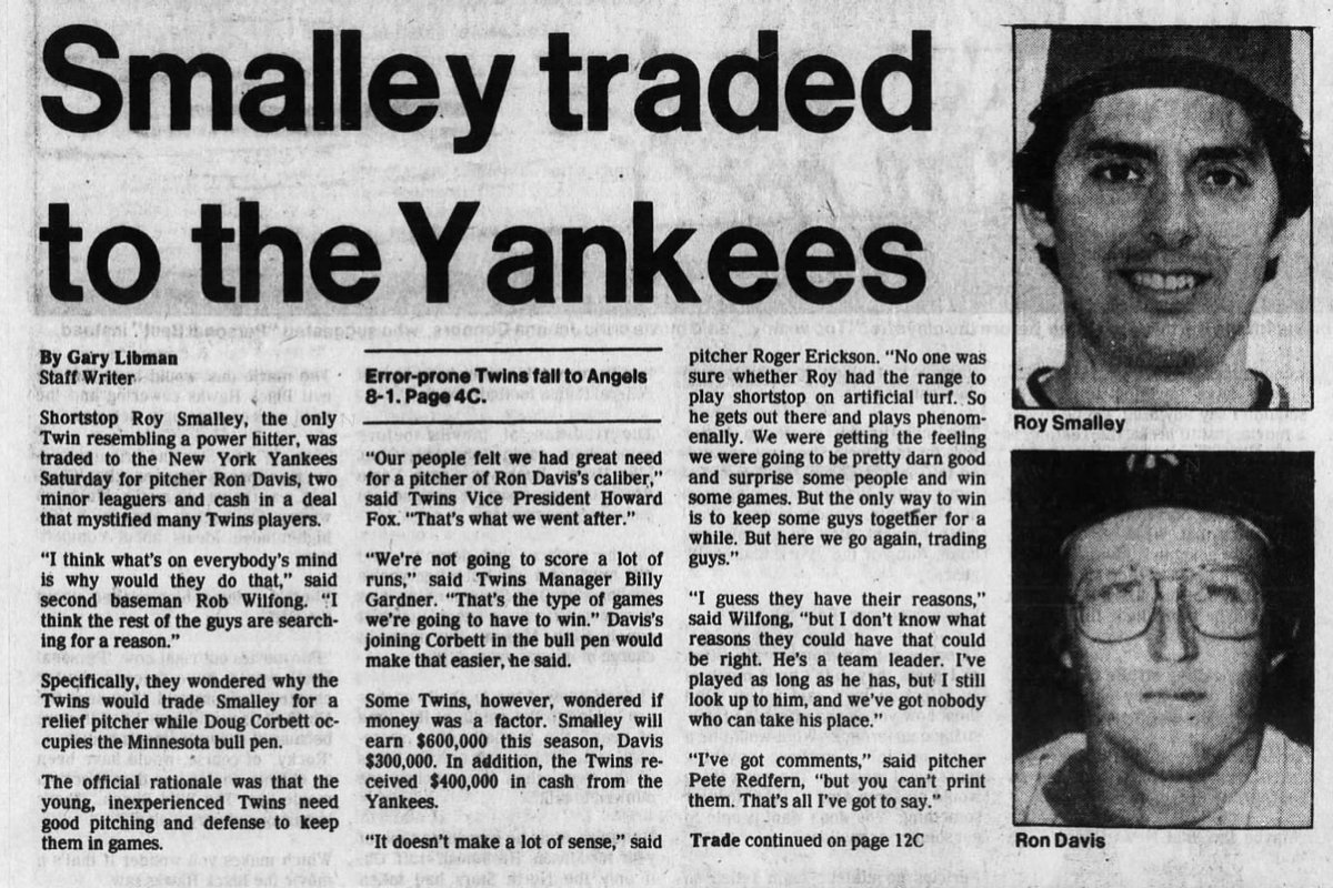 WHENESOTA's tweet image. Also #OTD in #Minnesota Sports History (1982) Roy Smalley was traded to the Yankees for Ron “Boom Boom” Davis. The trade was a part of a liquidation of the #MnTwins roster by Calvin Griffith. newspapers.com/clip/99446421/
