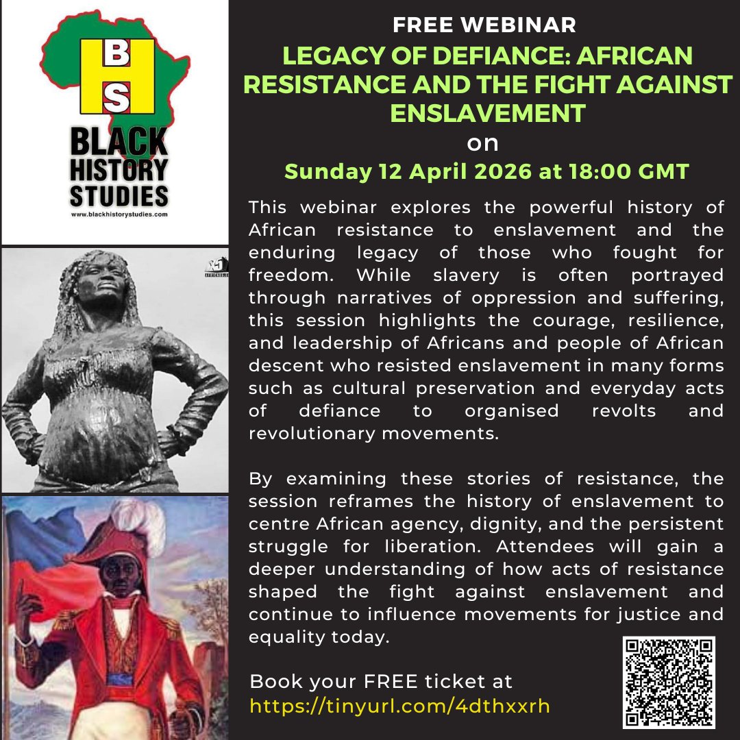 BlkHistStudies's tweet image. To commemorate the 210th anniversary of the 1816 Bussa Rebellion, join us on a FREE webinar on 'Legacy of Defiance: African Resistance and the Fight Against Enslavement' on Sunday 12 April 2026 at 18:00 GMT. Book your place tinyurl.com/4dthxxrh #resistance