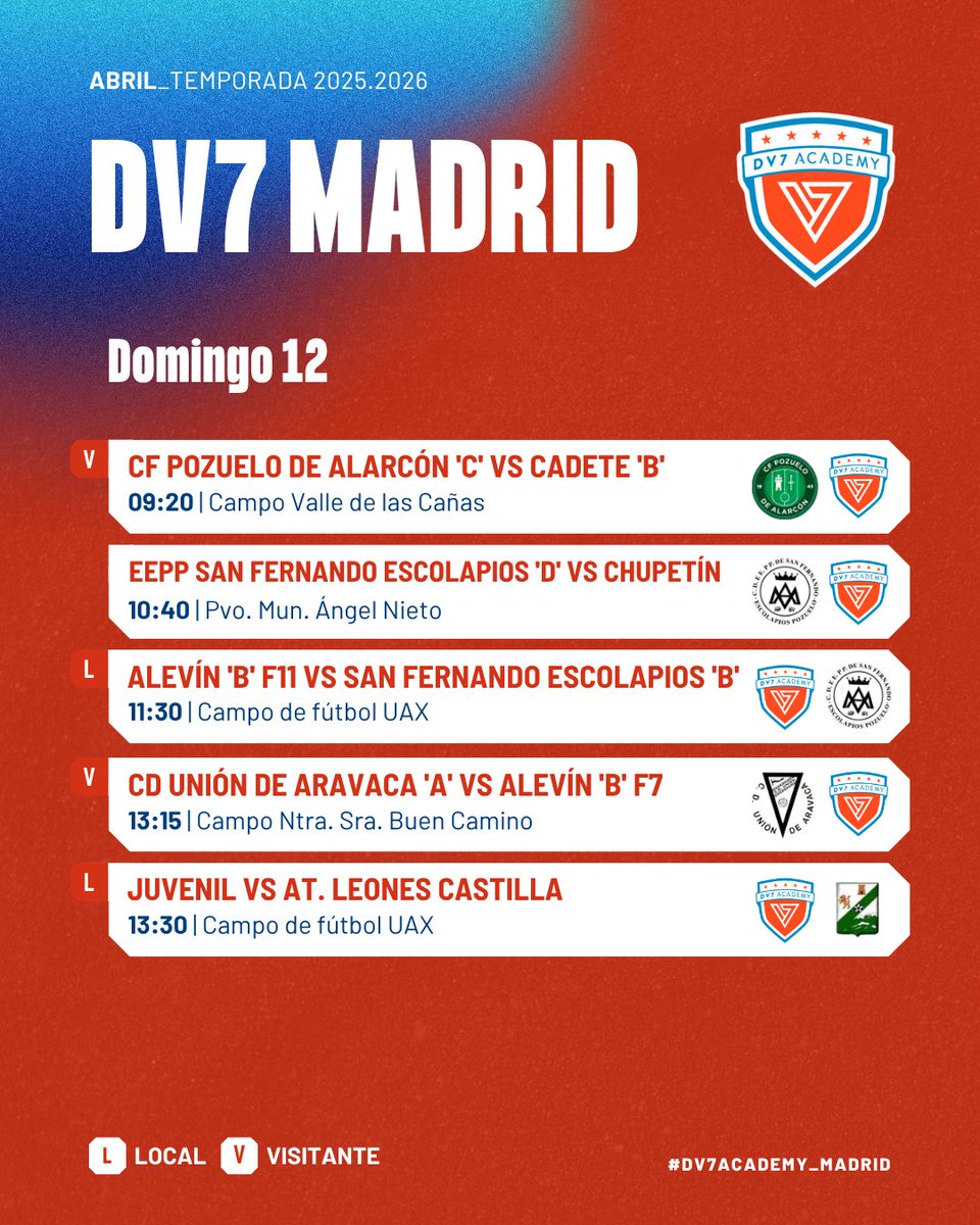 ⚽️ 𝐏𝐀𝐑𝐓𝐈𝐃𝐎𝐒 𝐃𝐄 𝐋𝐈𝐆𝐀 ⚽️

Estos son los encuentros de este fin de semana 👇🏼

🔹 Sábado → Prebenjamín A, Benjamín A y C, Alevín A F7, Alevín A F11, Infantil A y B y Cadete A 💪🏻

🔹 Domingo → Chupetín, Alevín B F7, Alevín B F11, Cadete B y Juvenil 🔥

#DV7Madrid 🔴