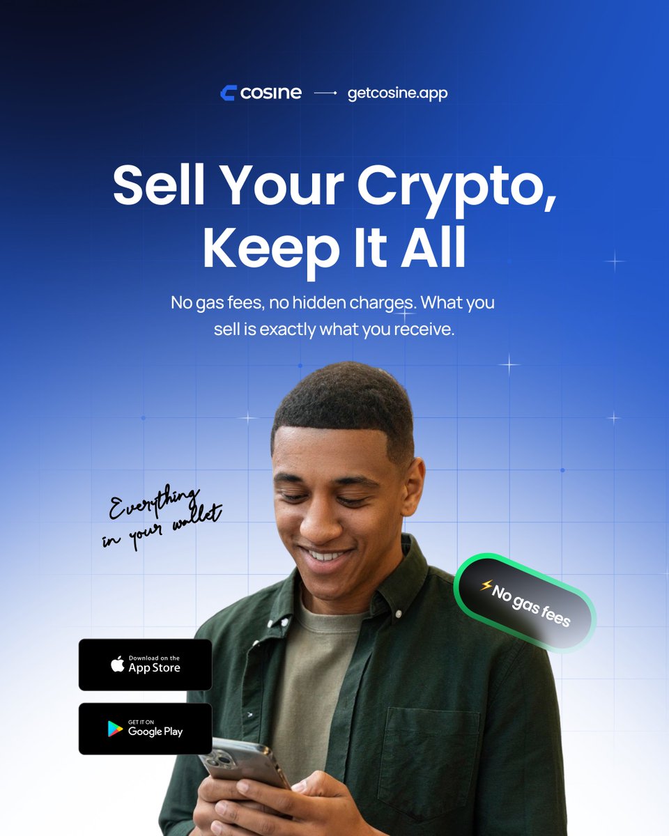 Sell your crypto. Keep it all. 💯

No gas fees.
No hidden charges.

Just full value.

Download Cosine Wallet on App Store &amp; Play Store 📲

#CosineWallet #SellCrypto #Gasless #Web3 #NoFees