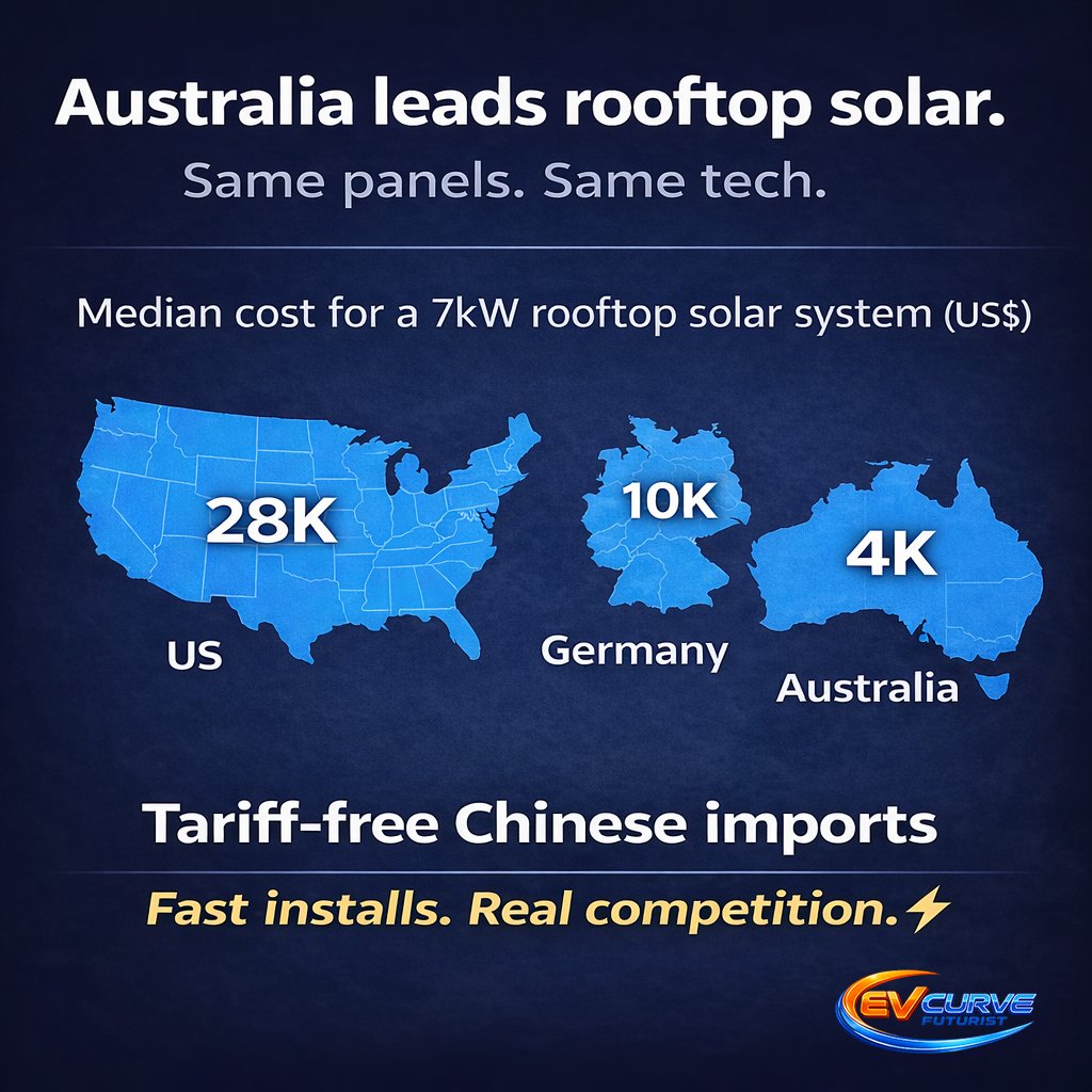 EVCurveFuturist's tweet image. Same panels worldwide. Battery storage surging too—same drivers: curtailment + oil shocks.

US: 28K
Germany: 10K
Australia: 4K
It’s not the sun—it’s the system: tariff-free imports, fast installs, real competition

Remove friction → costs collapse. ⚡ #Bettrification #LFP #Solar