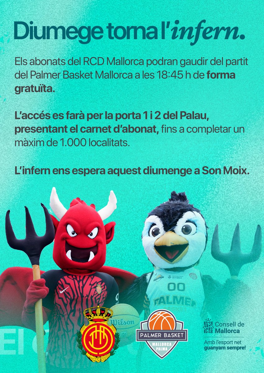 Diumenge torna l’infern a Son Moix 🔥

Els abonats del <a href="/RCD_Mallorca/">RCD Mallorca</a> tendran accés gratuït al partit entre Palmer Basket Mallorca i Melilla Baloncesto 🏀

Una jornada de primer nivell que no et pots perdre, t’esperam a la grada 🩵