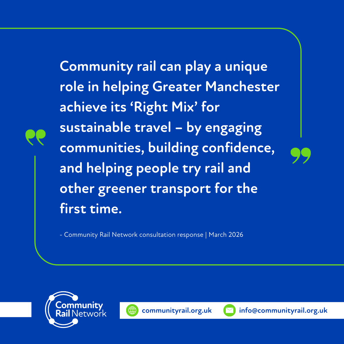 CommunityRail's tweet photo. In case you missed it 👀

Powered by insights from our members, we have submitted evidence to the Greater Manchester Transport Strategy consultation🚆

#CommunityRail helps break down barriers to rail and encourages more people to travel sustainably ⬇️ https://t.co/1JRnAtPeS2 https://t.co/LylEk16Fxo