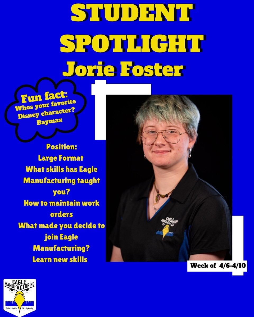 BCEagleMfg's tweet image. Student spotlight for the week is Jorie Foster!!
#studentrunbusiness #studentled #qulitydriven #workforceready #eaglemanufacturing
