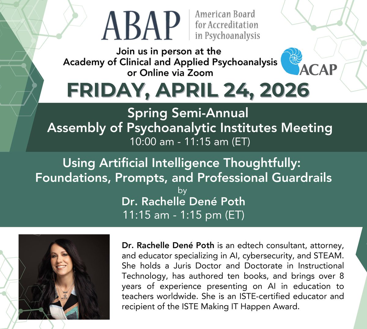 naap_org's tweet image. Join us ABAP for the Spring Assembly 🧠 Using AI Thoughtfully with Dr. Rachelle Dené Poth 📅 April 24, 2026 ⏰ 10:00–11:15 AM 📍 ACAP or Zoom ✨ No cost 🔗 abapinc.org/semi-annual-ap… #ABAP #ACAP #Psychoanalysis #AIinMentalHealth #ContinuingEducation