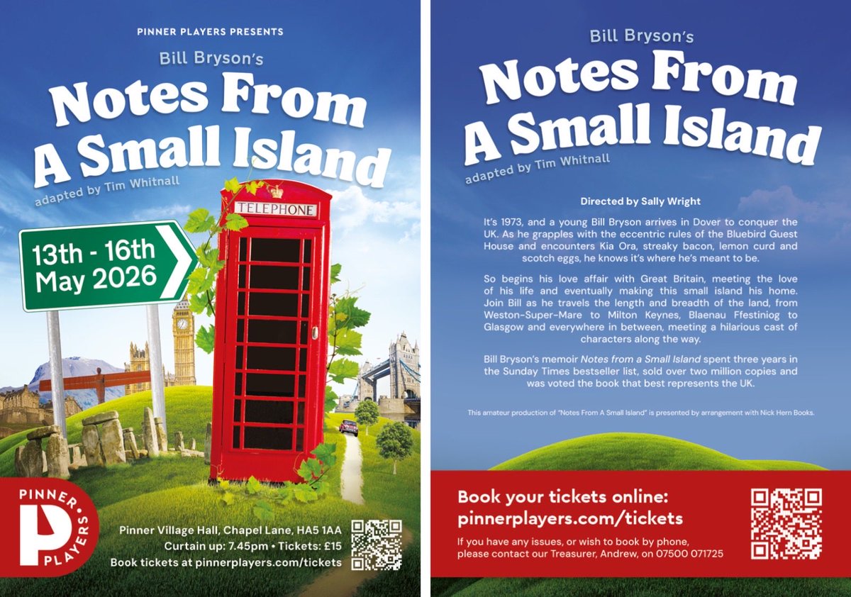 PinnerPlayers's tweet photo. 🎟️ Tickets are now on sale for Pinner Players’ performances of Bill Bryson’s Notes From A Small Island, by Tim Whitnall!
Please book online at https://t.co/ETmIA6hEY2.

We look forward to seeing you there! 🙌🏼

#pinnerplayers
#amdram
#pinner
#localtheatre
#NotesFromASmallIsland https://t.co/d20Lnm9i1l