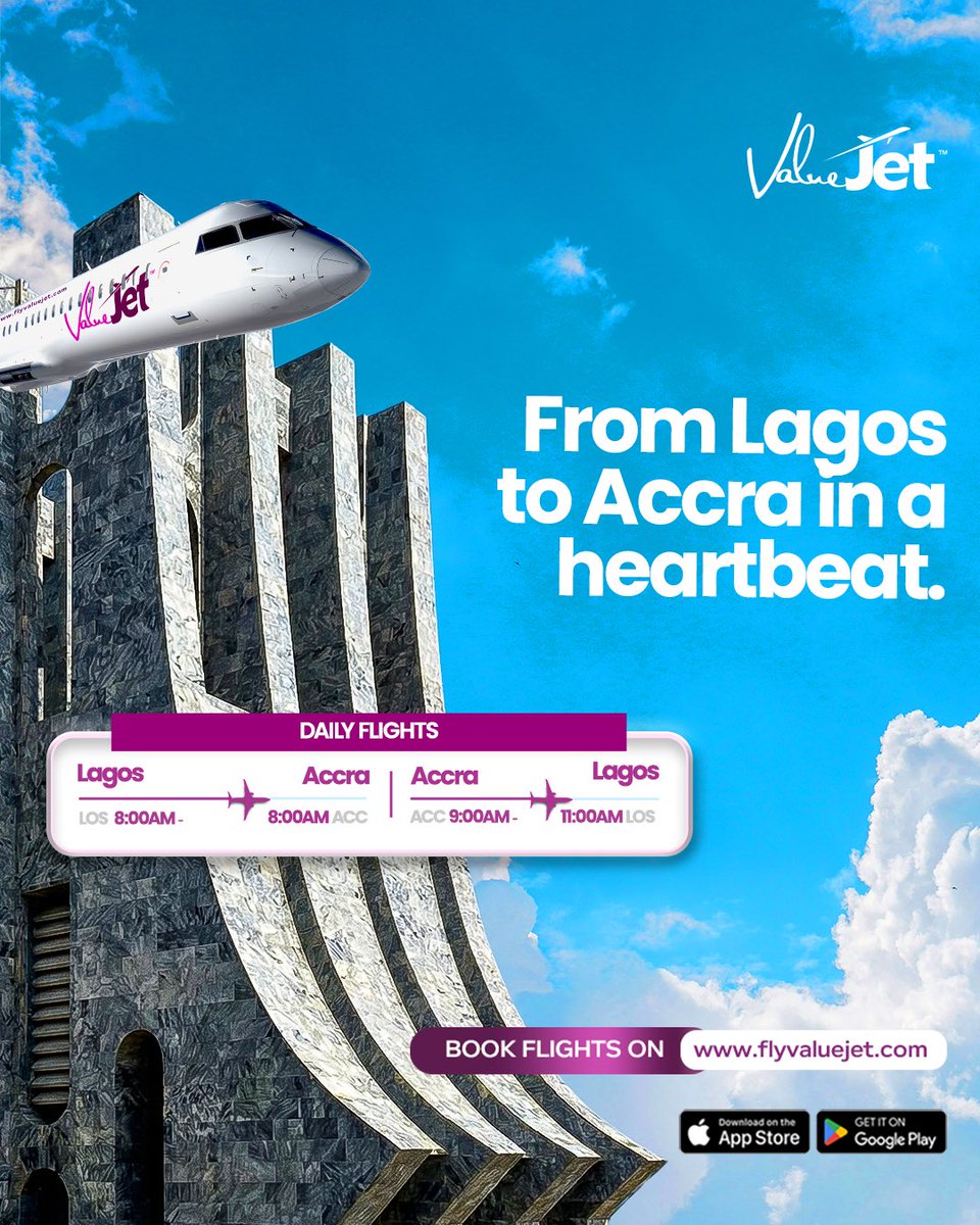 flyvaluejet's tweet photo. Daily morning flights to keep your business moving! 🛫✨
Fast, reliable, and always on time. Secure your seat now on the ValueJet app or visit https://t.co/RVA54v6faI!
#ValueJet #LagosToAccra https://t.co/q6jZF53DWX