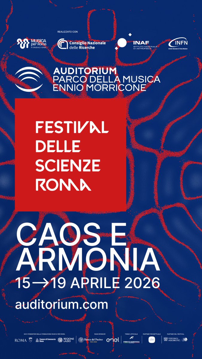 CNRsocial_'s tweet image. Dal 15 al 19 aprile 2026 il #CNR partecipa al Festival delle Scienze all'#Auditorium Parco della Musica Ennio Morricone di Roma, dal titolo "Caos e Armonia".
Il ricco programma del #CNR è disponibile qui: cnr.it/it/evento/20470
#FestivaldelleScienzeRoma #FdS2026