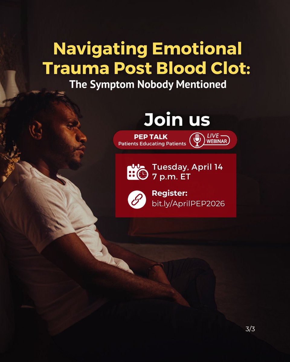 StopTheClot's tweet image. Have you or a loved one been diagnosed with a blood clot and struggling emotionally?

Join our April PEP Talk on navigating the psychological impact after a clot with Dr. Leben Tefera.

🗓 April 14, 7 PM ET
🔗 Register: bit.ly/AprilPEP2026

#StopTheClot #BloodClots
