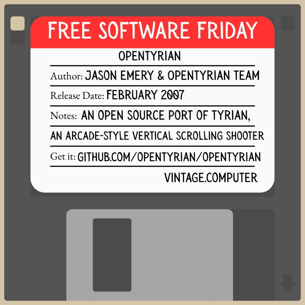 realvintagecomp's tweet image. Free Software Friday: OpenTyrian (2007): an open-source port of the classic Tyrian shooter. Fast-paced, vertical scrolling arcade action revived and preserved for modern systems, and just as fun today as it was in 1995! #VintageComputing #VintageComputer #openTyrian