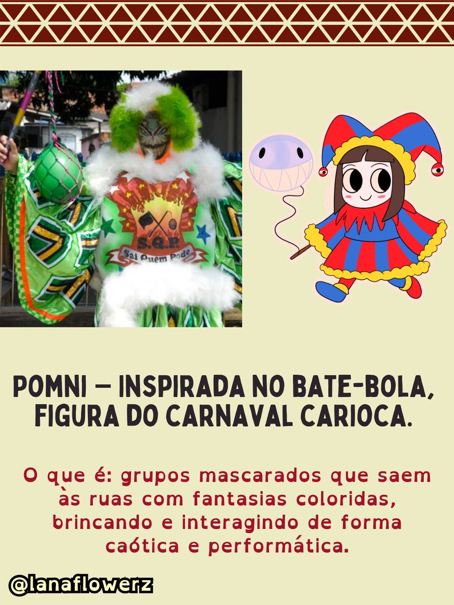 lanaflowerz's tweet photo. Pomni – Inspirada no bate-bola, figura tradicional do carnaval carioca.
Ragatha – Boneca de pano indígena.
Kinger – Baseado na peça de onça do jogo da onça 
Zooble – Brinquedo reciclável, feito de partes reaproveitadas.
 Gangle – Máscara de carnaval.+ https://t.co/B8L2OAuuuP