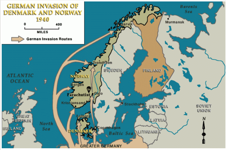 auschwitzxhibit's tweet image. April 9-10, 1940 | #German warships enter major Norwegian ports, from Narvik to #Oslo, deploying thousands of German troops and occupying Norway. At the same time, German forces occupy #Copenhagen, among other Danish cities #OperationWeserübung. (Infographic by @HolocaustMuseum).