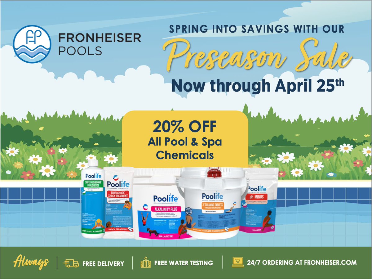 FronheiserPools's tweet photo. Stock up and save during our Preseason Sale on everything you need—chemicals, cleaning equipment, toys &amp; patio furniture.  

Get ahead of the season and enjoy more time relaxing later 😎

Shop now and save before these deals are gone! https://t.co/tMmGLsj5lt https://t.co/zcGDMooXgL