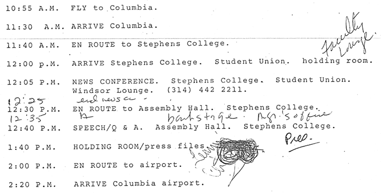 CarterLibrary's tweet photo. On 04/10/1976, candidate Jimmy Carter held a Q&amp;A at Stephens College, the second-oldest continuously-operating women’s college in the United States and a place he would visit again as President. #Carter50

Image courtesy of the Columbia Missourian; schedule from our collection https://t.co/ljffKfi6Un