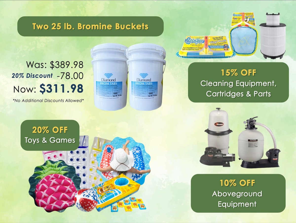 FronheiserPools's tweet photo. Stock up and save during our Preseason Sale on everything you need—chemicals, cleaning equipment, toys &amp; patio furniture.  

Get ahead of the season and enjoy more time relaxing later 😎

Shop now and save before these deals are gone! https://t.co/tMmGLsj5lt https://t.co/zcGDMooXgL