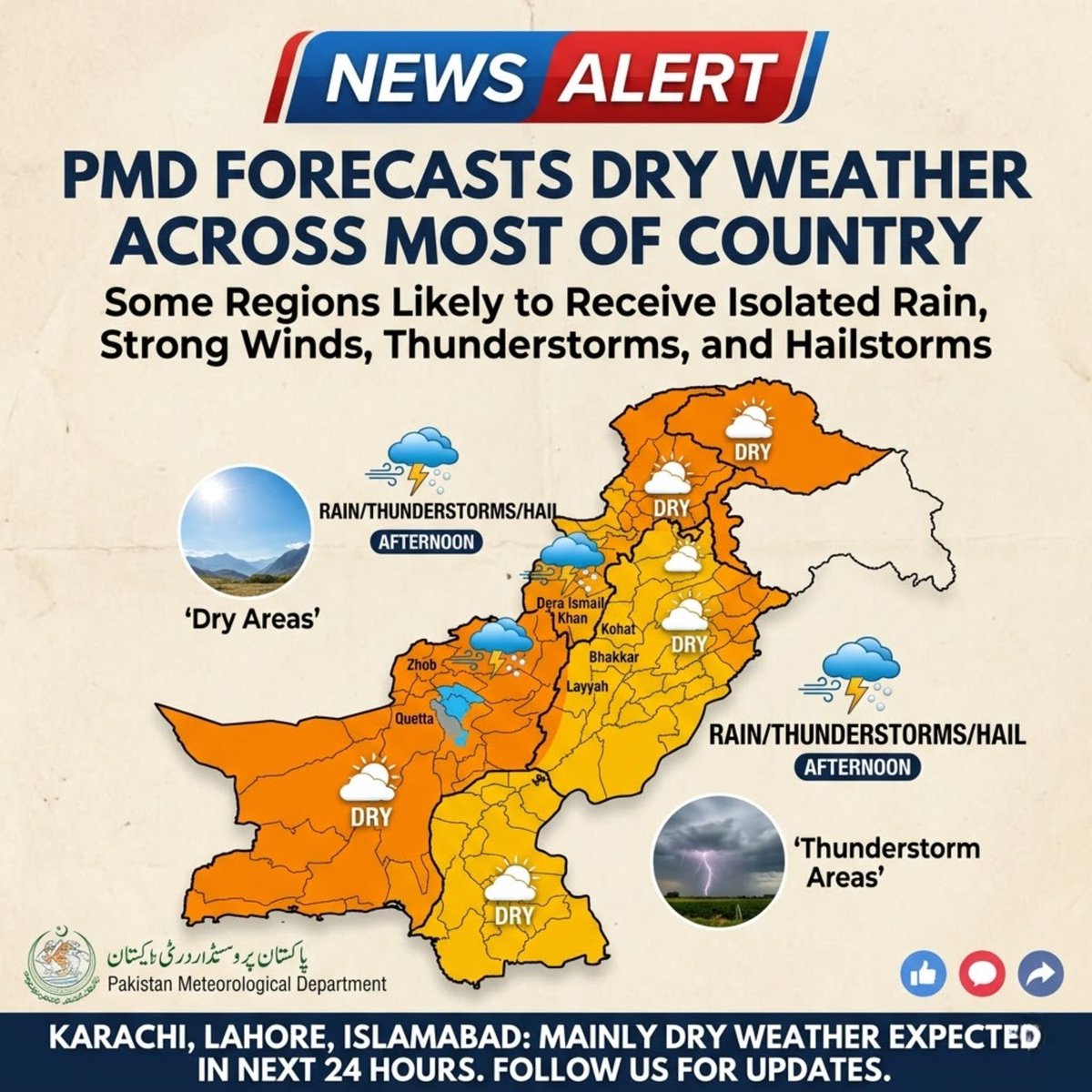 DrAmmaraNaqvi's tweet photo. Dry weather persists across the country 🌤️
Authorities advise precaution as temperatures rise in coming days. #WeatherUpdate #PakPeaceDiplomacy #امن_کا_سفیر_پاکستان https://t.co/VUtFHqyLas