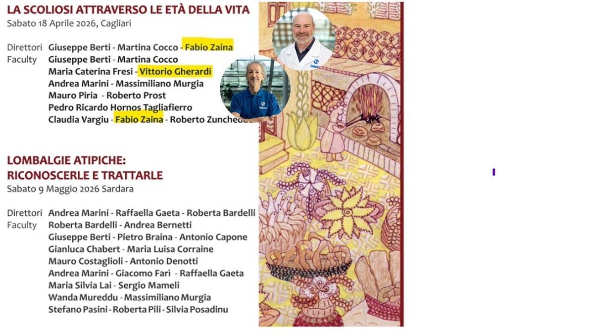isicoitalia's tweet photo. XIII GIORNATE DI STUDIO SIMFER SARDEGNA 2026 

La seconda giornata del 18 aprile è dedicata alla scoliosi.
Sono impegnati nelle relazioni il Dr.Fabio Zaina e Vittorio Gherardi, rispettivamente fisiatra e fisioterapista in ISICO.

#Simfer #scoliosi #prevenzione #screening https://t.co/Zjv70eGICh