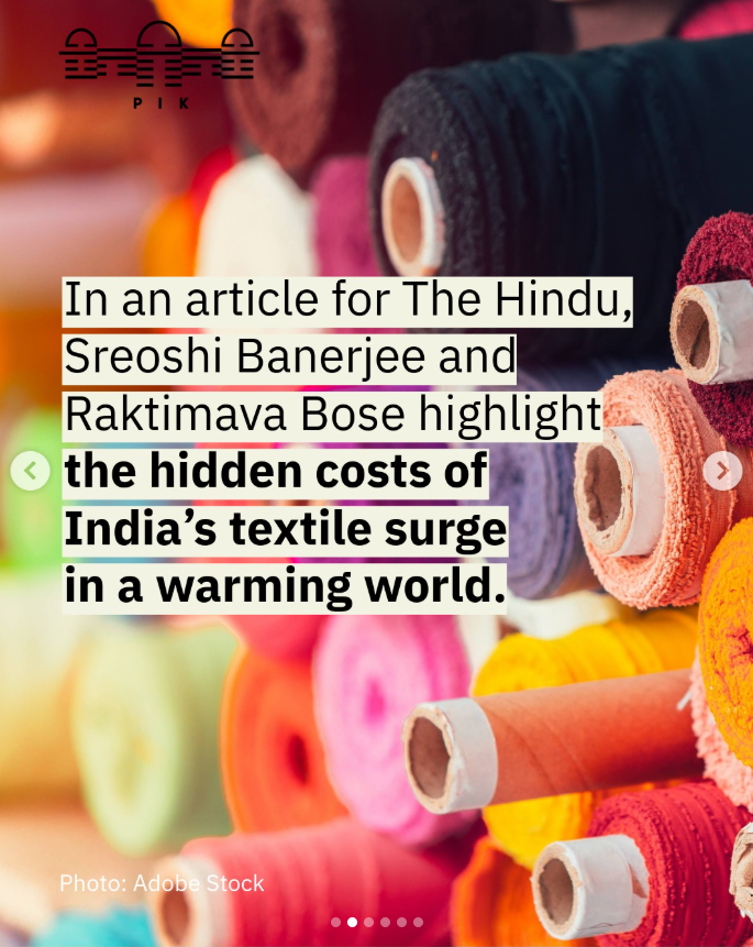 SreoshiTitli's tweet photo. @PIK_Climate Thanks for the feature. India’s textile boom is hitting a limit as extreme heat cuts productivity &amp; shifts costs on vulnerable workers. Heat-smart supply chains, strong labour protection, and climate financing could carve a pathway to more resilient &amp; fair growth. https://t.co/CtAd2CeTon