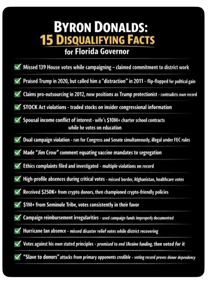 Lisag1960's tweet image. DeSantis has said no to Donalds, Renner, and Fishback. In the 30 minute speech he gave when appointing @JayCollinsFL LT Governor, he said Jay was day one ready to take over the governorship if needed. Vote Jay Collins for governor.