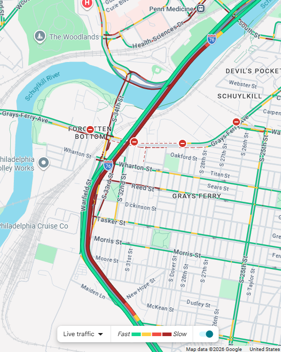 PhillyTrafficWX's tweet image. The Westbound I-76 off ramp for south street has backed up on to the Westbound travel lanes of I-76 causing the left lane to be very congested and backing things up back to Vare. Watch for stopped or slow moving traffic through the area. #southphilly