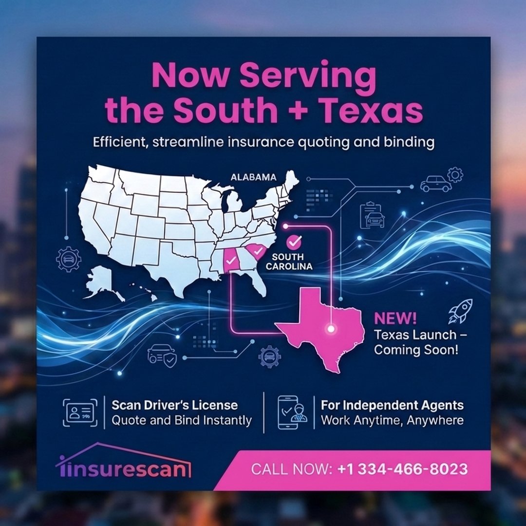 Now serving Alabama, South Carolina, and soon Texas—efficient, streamlined insurance quoting and binding. Scan driver’s license, quote and bind instantly. Independent agents: work anytime, anywhere. Call 334-466-8023. #InsureScan #AutoInsurance #AlabamaDrivers #SouthCarolinaDr...